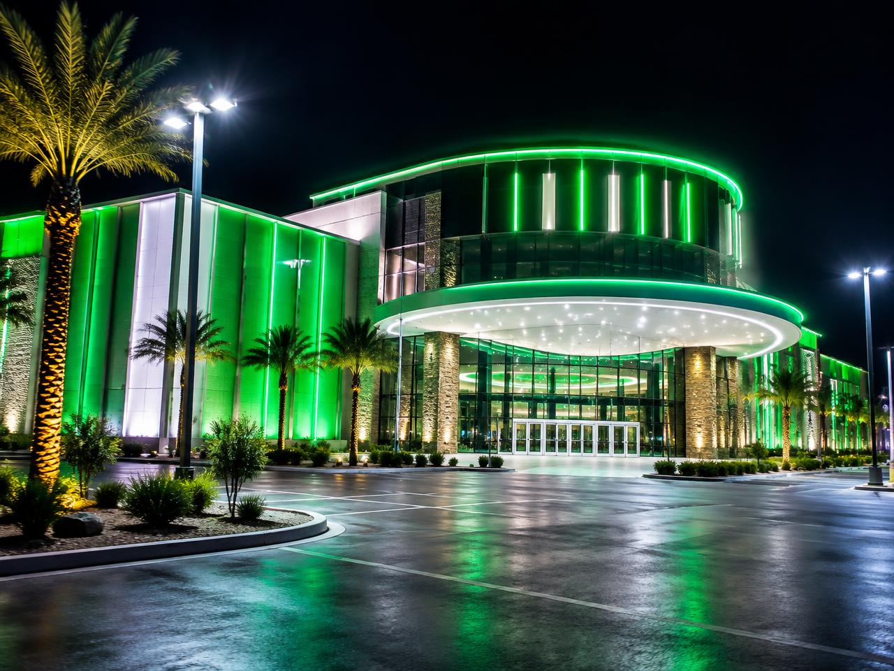 Las Vegas retail building glowing with green LED lighting at night