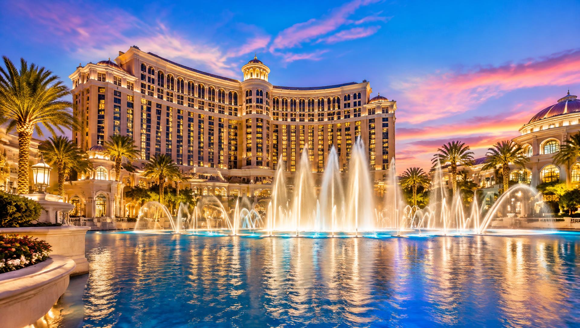Las Vegas resort hotel glowing at twilight with illuminated fountains, palm trees, and colorful sky